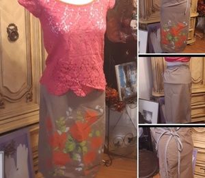 Womens Skirt Wrap around Cotton BULLDOG sz L Tan Rose print Hobo Hilly Country